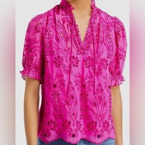 Generation Love Lara Hot Pink Embroidered Eyelet Blouse Ruffle Neck Size S